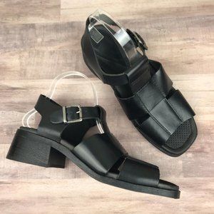 90s Black Leather Square Toe Sandals Chunky Heel